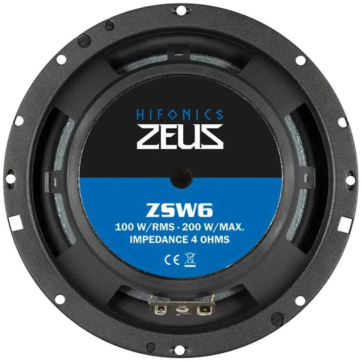 Le Zeus ZSW6 de Hifonics est un haut-parleur de médium circulaire noir et bleu de 6,5, 100W RMS/200W max, cône en sandwich alvéolé, impédance de 4Ω, montré de larrière.