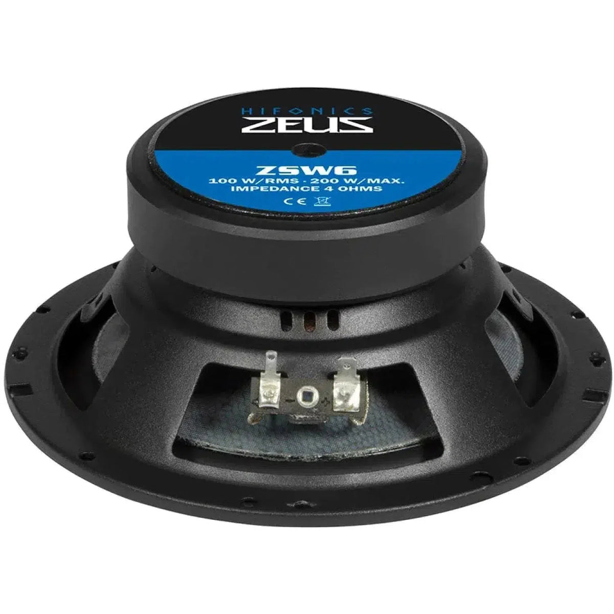 Le subwoofer Hifonics Zeus ZSW6 6,5 est doté dune membrane sandwich en nid dabeille, dune puissance de 300 W RMS, dune puissance maximale de 1200 W et dune impédance de 2 ohms vue de larrière.
