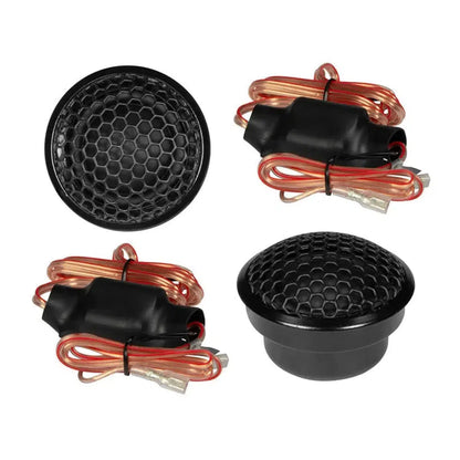Vier zwarte ronde Hifonics Zeus ZX6.2T tweeters met honingraatroosters en koperkleurige draden met connectoren zijn afgebeeld op een witte achtergrond.