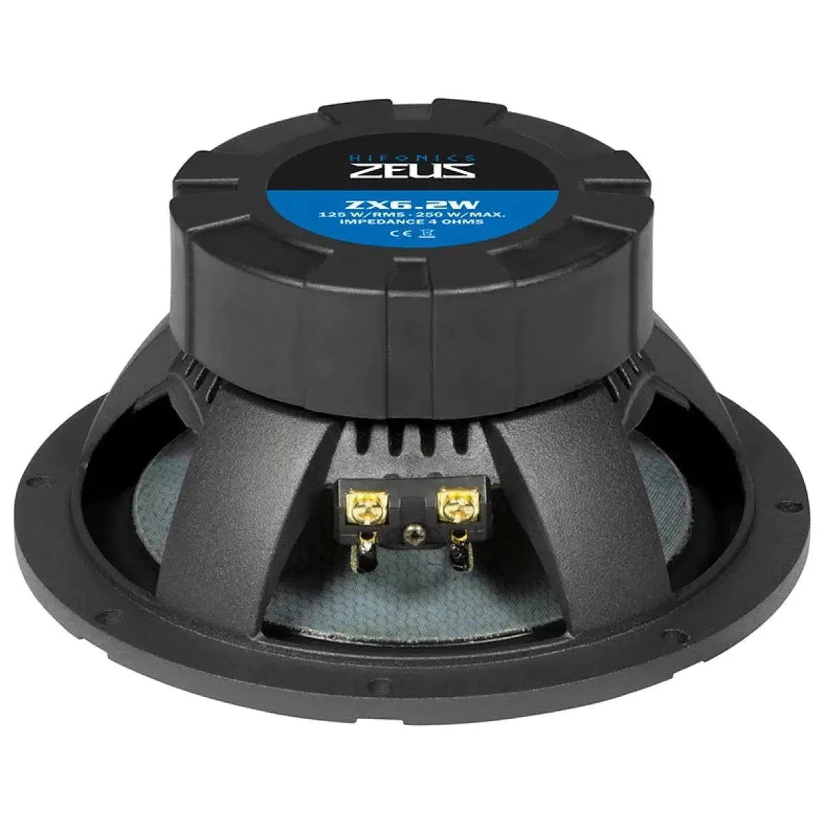 Het achteraanzicht van een Hifonics Zeus ZX6.2W autoluidspreker toont de 4 Ohm magneet, het blauwe label en de aansluitingen op het compacte frame van 5 cm.