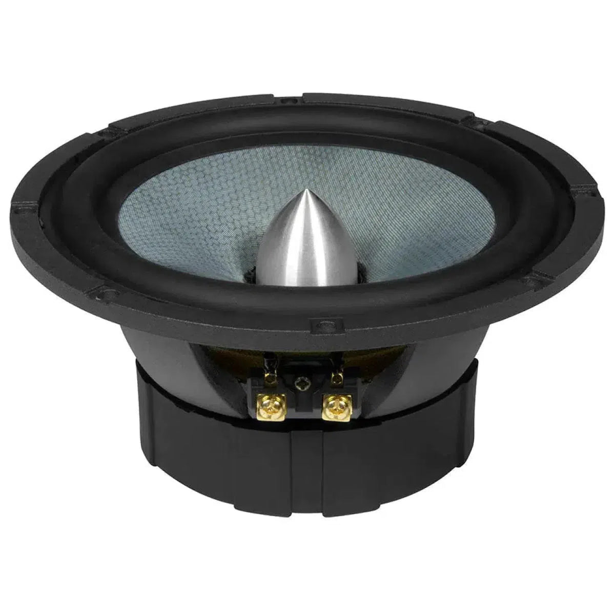 Een close-up van de Hifonics Zeus ZX6.2W 5 cm 16.4 Ohm luidspreker met een metalen conus in het midden en twee gouden terminals aan de basis.