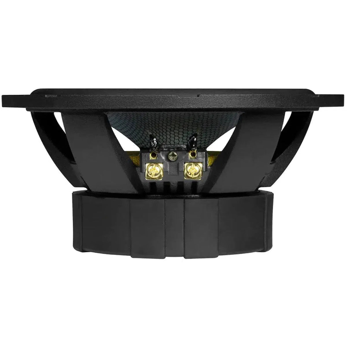 Zijaanzicht van een Hifonics Zeus ZX6.2W zwarte subwoofer met zichtbare aansluitingen en een geventileerde korf.