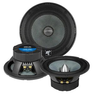 Drie zwarte Hifonics Zeus ZX6.2W car audio luidsprekers worden getoond: één rechtop met een rooster, één vooraanzicht en één met de achterkant met aansluitklemmen.
