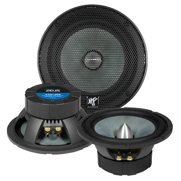 Drie zwarte Hifonics Zeus ZX6.2W car audio luidsprekers worden getoond: één rechtop met een rooster, één vooraanzicht en één met de achterkant met aansluitklemmen.
