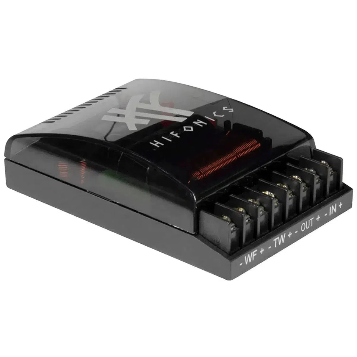El Hifonics Zeus ZXO2 es una caja de cruce de audio negra con una parte superior transparente y terminales etiquetados para WF, TW, OUT e IN.