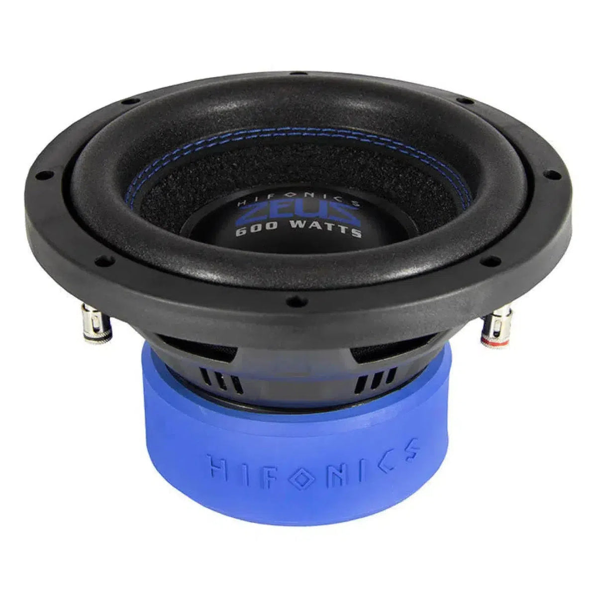 Un subwoofer Hifonics Zeus ZXS8D2 da 8 nero e blu con doppia bobina mobile, vista angolata che mostra il marchio e 300W RMS al centro.