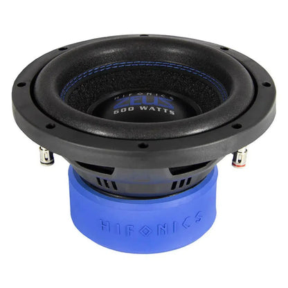 A black and blue Hifonics Zeus ZXS8D2 8” subwoofer with dual voice coil, angled view showing brand name and 300W RMS on the center.