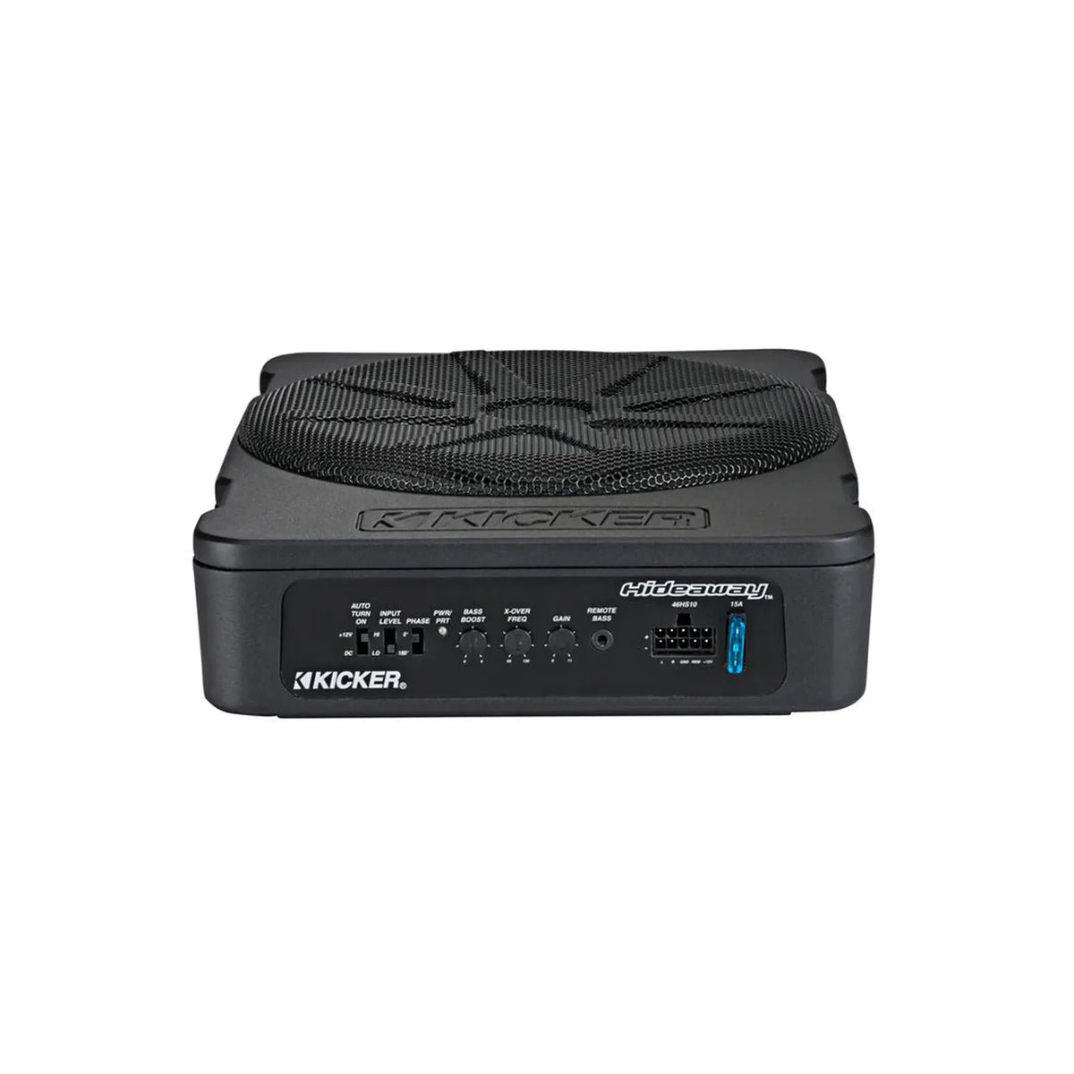 Vue avant dun caisson de basses Kicker Hideaway HS10 noir avec le panneau de commande, les cadrans étiquetés, les ports dentrée et la puissance de sortie de 600 watts RMS visibles.