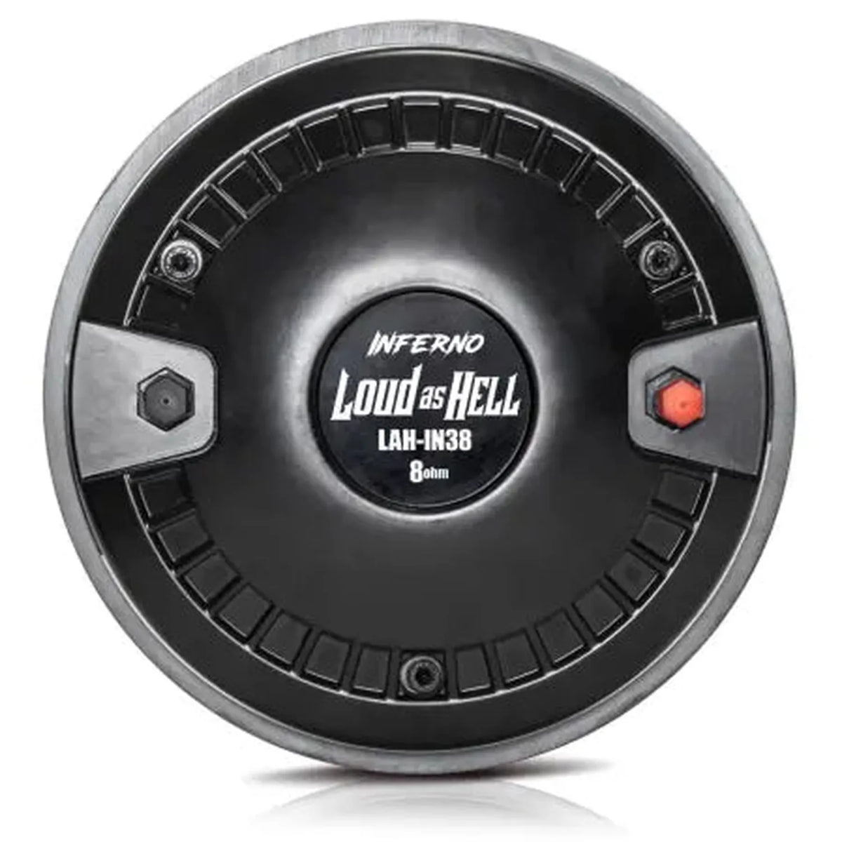 The Inferno 2 by Loud as Hell is a black round speaker driver with horn tweeter, 8 ohm impedance, and 300W RMS power handling, shown from the back.