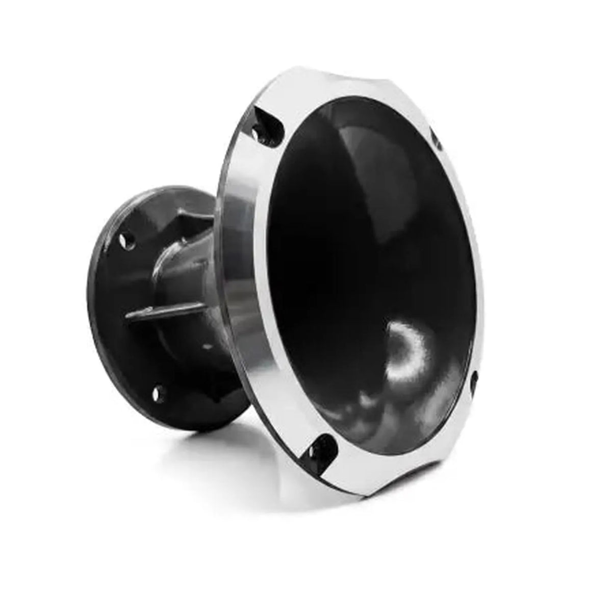 Le tweeter de voiture Loud as Hell Inferno 3, noir et argent, 300W RMS, avec face avant ronde évasée et trous de vis, montré sur un fond blanc.