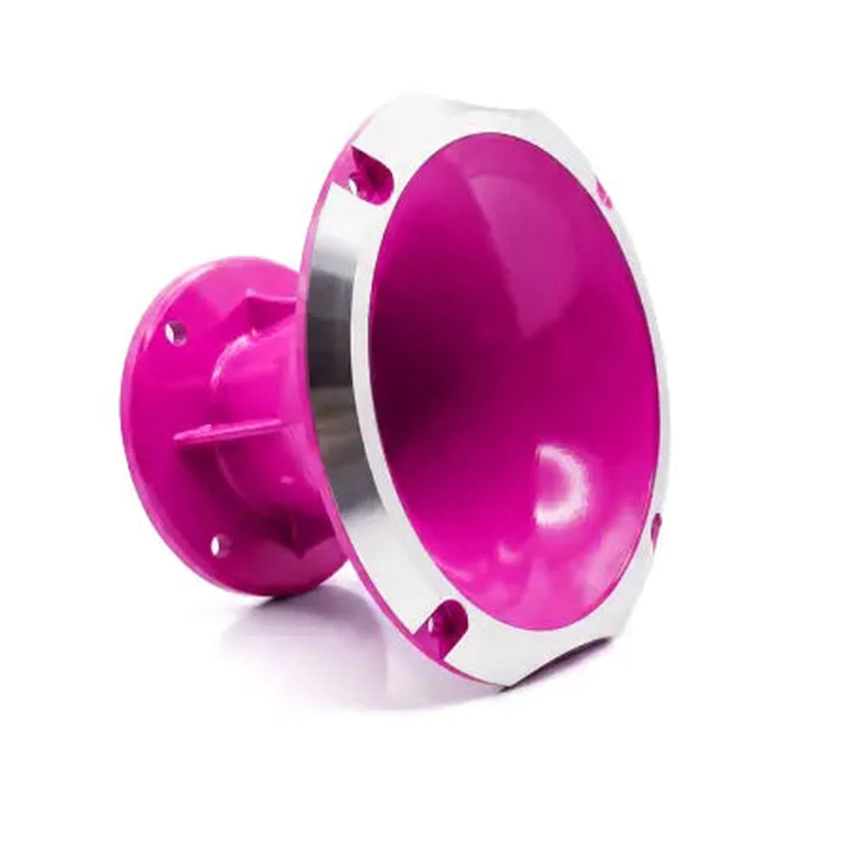 The Inferno 2 by Loud as Hell is a metallic pink horn velocity stack with a polished silver rim, shown isolated on white.