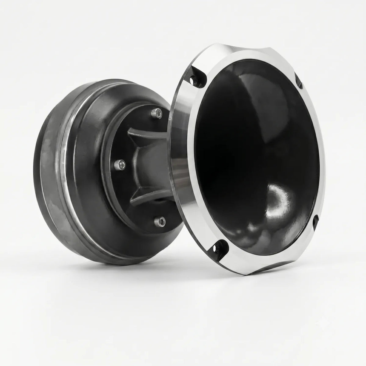 A close-up of two Inferno 2 black and silver metal tweeters by Loud as Hell with smooth, reflective surfaces on a white background.