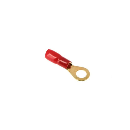 El Masori 10mm²-50mm² Ring Schwarz/Rot es un terminal de cable rojo con aislamiento de silicona y un anillo metálico, ideal para conexiones seguras de cables a tornillos o espárragos.