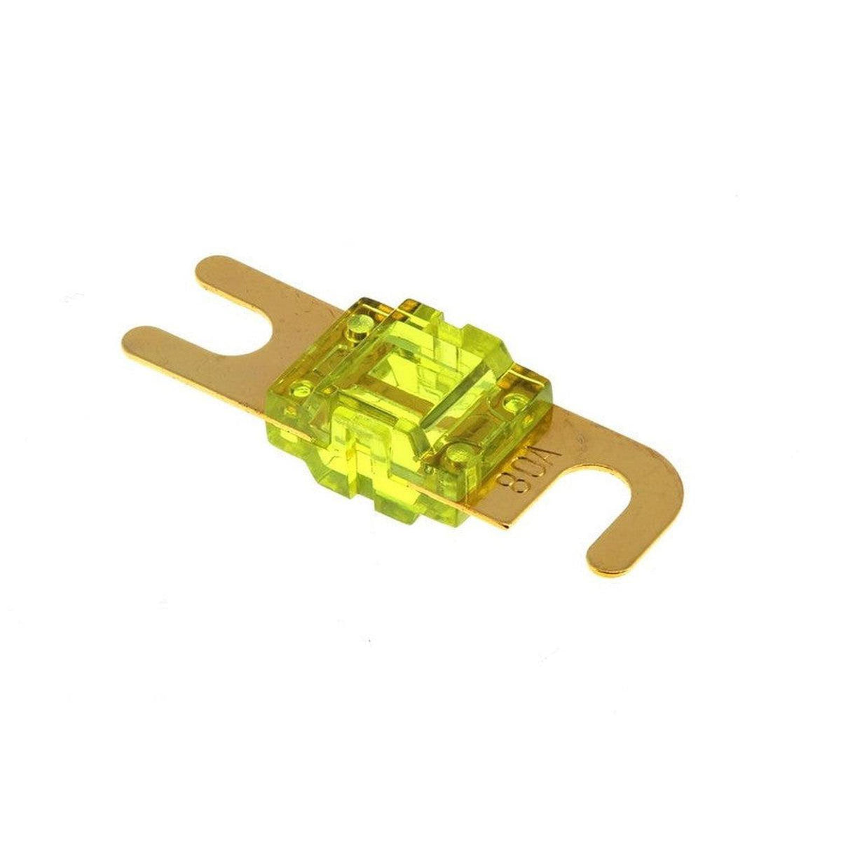 Un fusible de automóvil Masori 30A-175A Mini-ANL amarillo con dos puntas doradas y cuerpo de plástico transparente.
