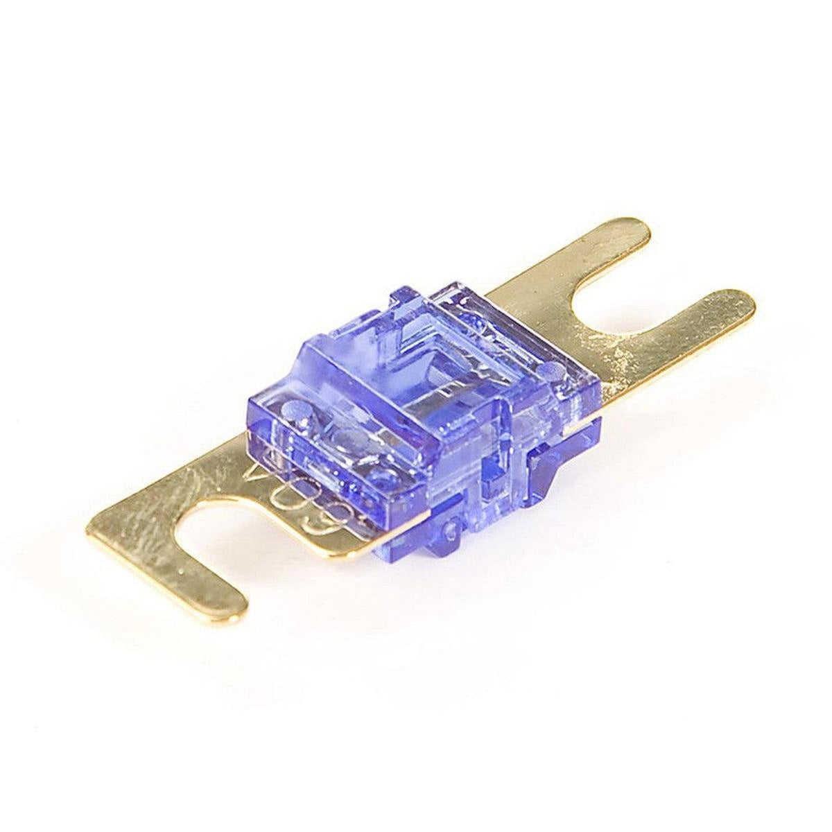 Fusible Masori 30A-175A Mini-ANL de plástico azul con puntas planas doradas en cada extremo, aislado sobre fondo blanco.
