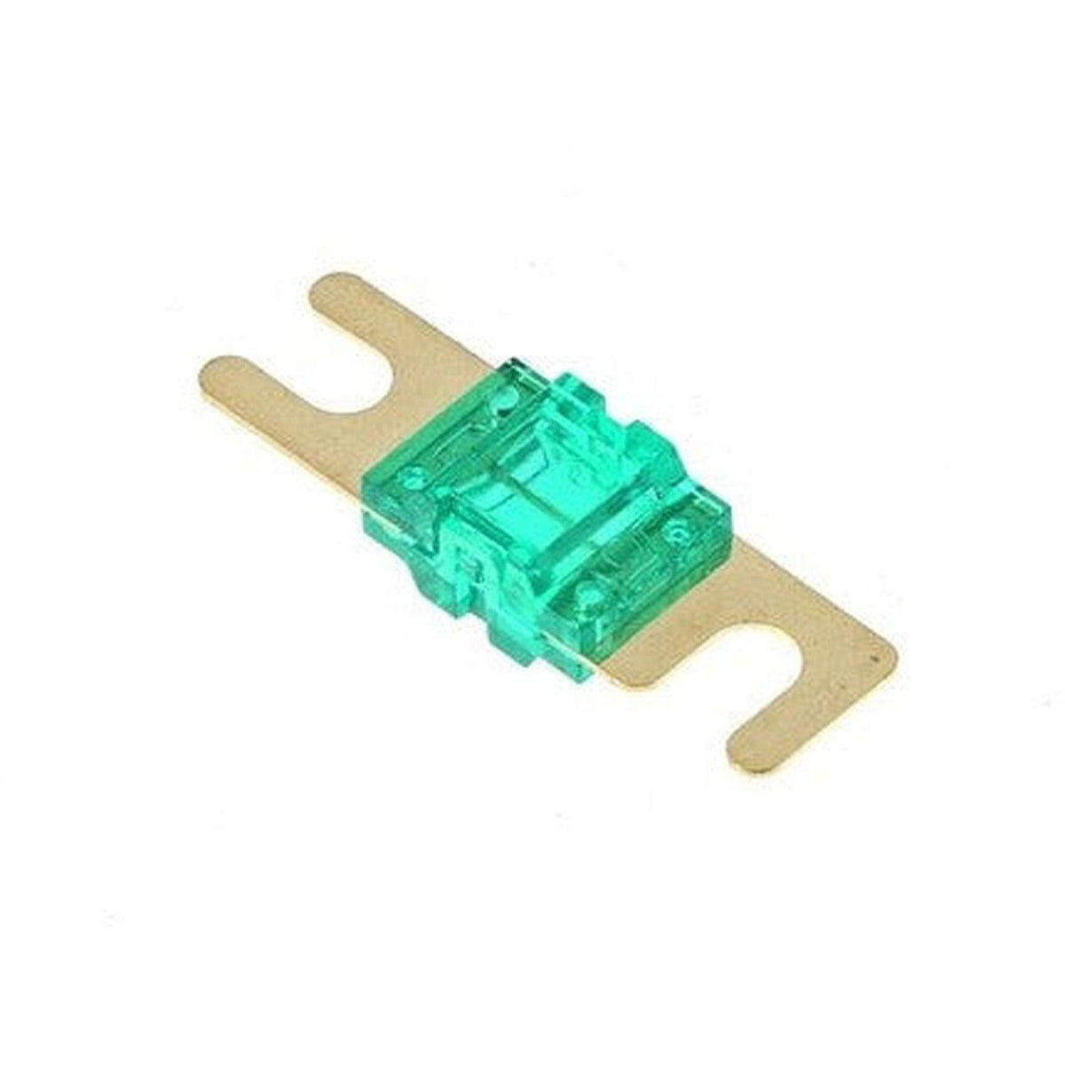 Un fusible Masori 30A-175A Mini-ANL de color verde con cuerpo transparente y dos puntas planas de metal dorado en cada extremo.