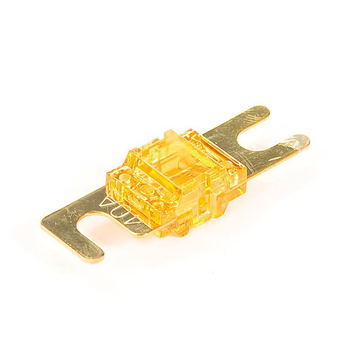 El Masori 30A-175A Mini-ANL es un fusible amarillo con puntas metálicas en cada extremo, diseñado para la protección de alta corriente en vehículos.