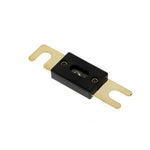 Un fusible Masori 80A-300A ANL Gold, doté dun corps rectangulaire noir et de contacts dorés, est représenté sur un fond blanc.