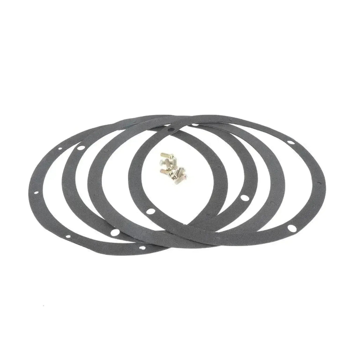 Four black rubber gaskets with round holes and metal screws, ideal for use with Masori Aluring 165-17 Universal für 6.5 Zoll, shown on a white background.