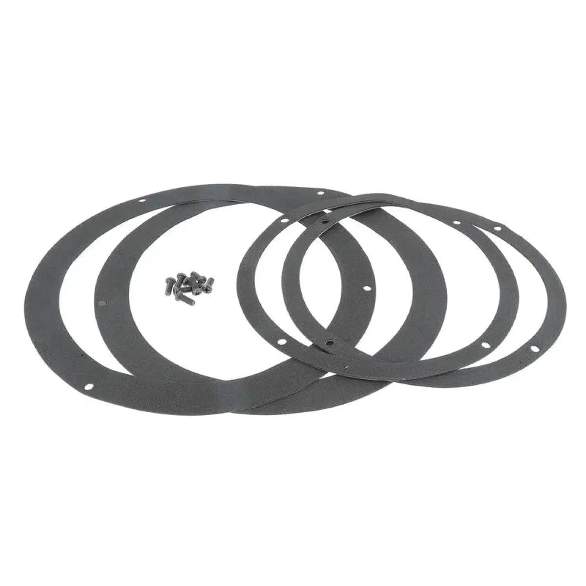 Vier Masori Aluring 165-21 Universele 6,5 Zoll zwarte luidsprekerringen en schroeven op een witte achtergrond, perfect als massieve aluminium adapterringen voor deuren.