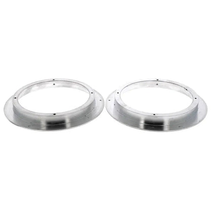 Twee Masori Aluring 165-21 Universal für 6,5 Zoll aluminium adapterringen met schroefgaten zijn naast elkaar afgebeeld op een witte achtergrond.