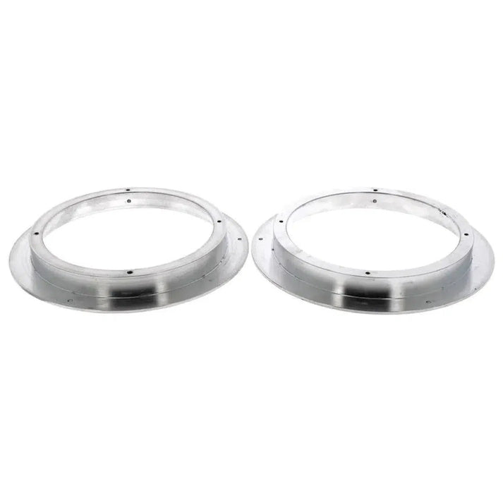 Twee Masori Aluring 165-21 Universal für 6,5 Zoll aluminium adapterringen met schroefgaten zijn naast elkaar afgebeeld op een witte achtergrond.