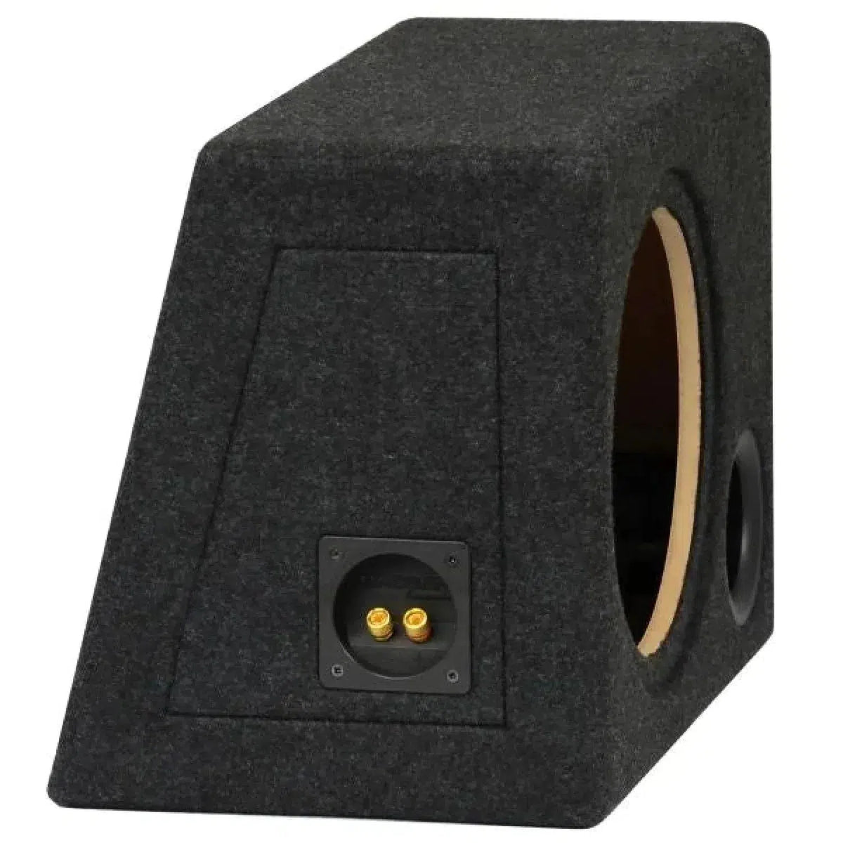 The Masori B1025 is a gray carpeted wedge 10 subwoofer box with a round speaker cutout and dual gold terminals on the MDF back.