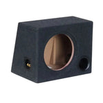 The Masori B1025 is a black, wedge-shaped 25L subwoofer box with a round cutout for 10 subs, port, and side terminal connectors.