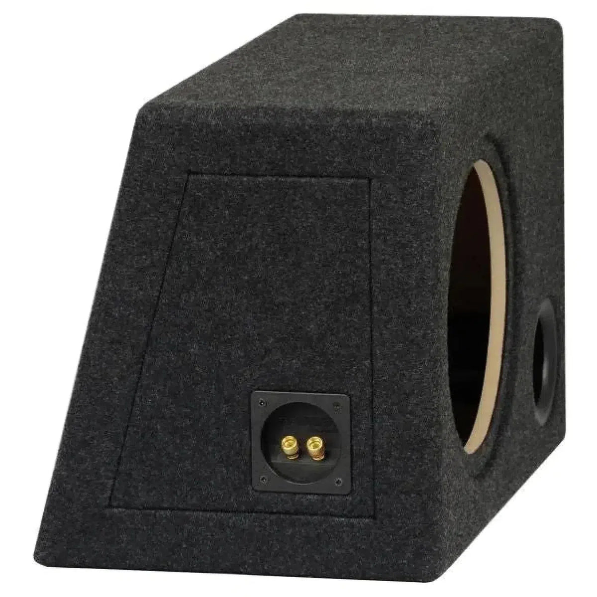 Il Masori B1035 è un subwoofer in MDF rivestito di moquette nera con un design inclinato, un foro per diffusori da 10, una porta rotonda e due terminali dorati sul pannello posteriore.