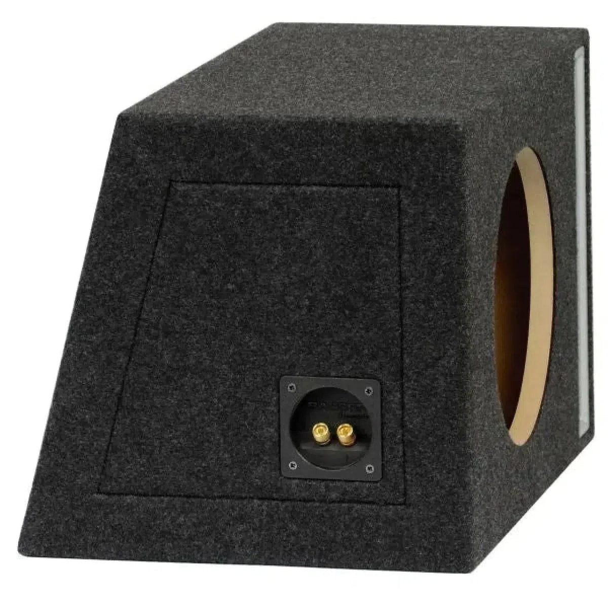 La Masori B1035S es una caja de subwoofer Gehäuse de MDF negro en ángulo con un recorte circular y dos terminales de altavoz dorados en la parte posterior.