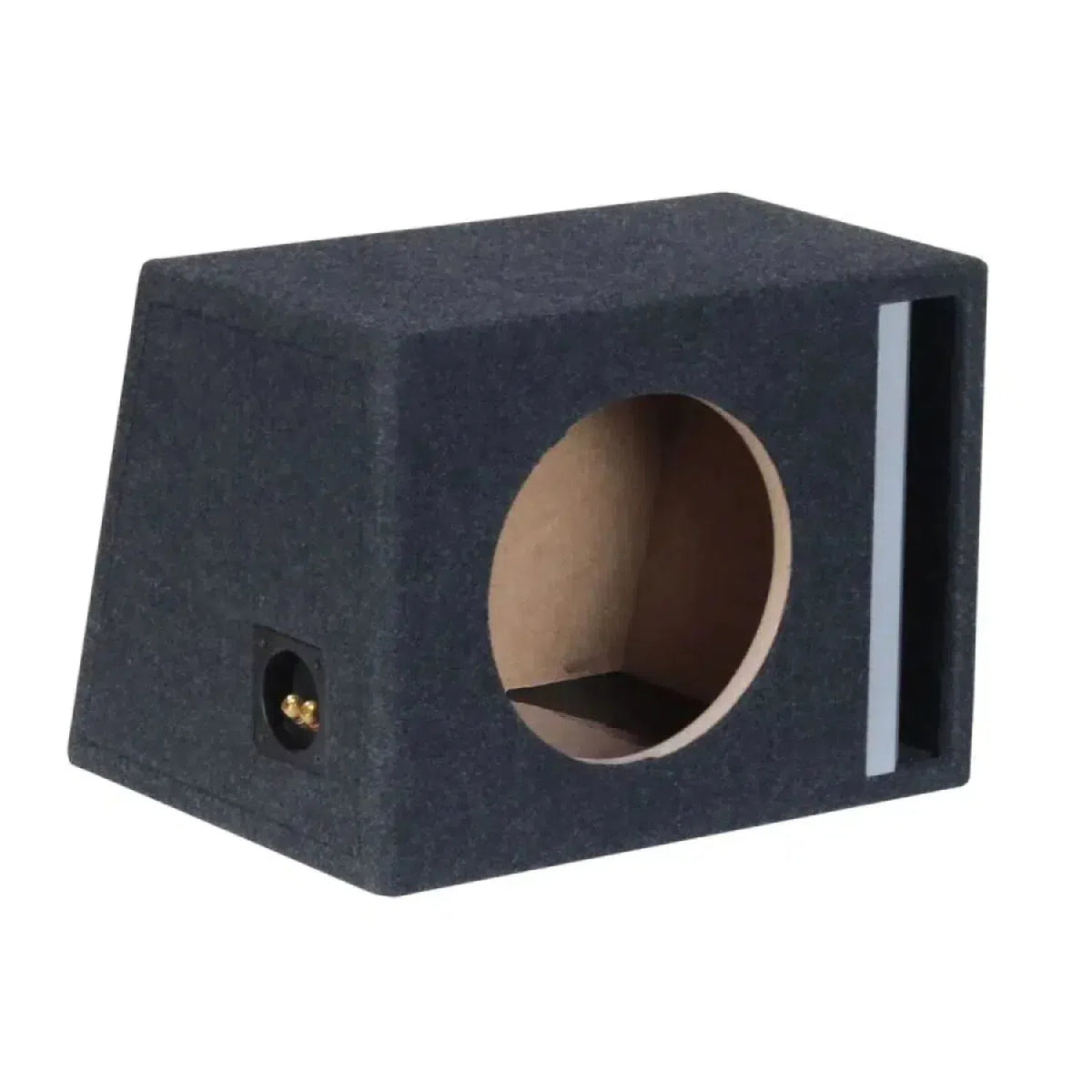 The Masori B1035S is a black, carpeted MDF subwoofer box with a circular cutout and vertical rectangular port on the front.