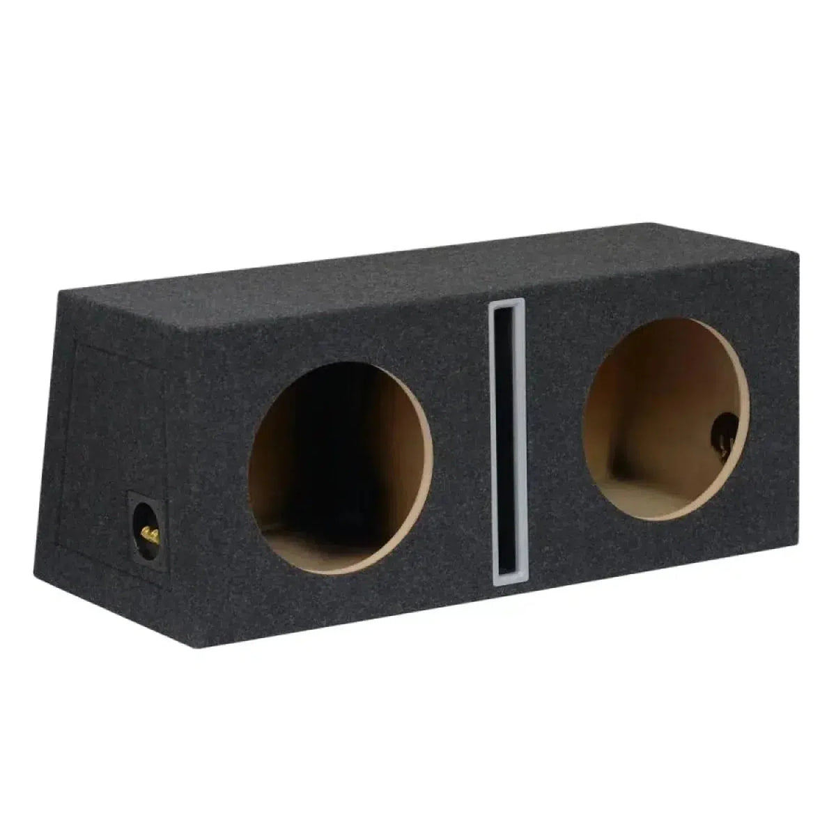 El Masori B1035Sx2 es un recinto para subwoofer de MDF negro con dos recortes redondos de 10 pulgadas y un puerto vertical central, que se muestra sobre un fondo blanco.