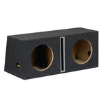 De Masori B1035Sx2 is een zwarte MDF subwooferbehuizing met twee 10-inch ronde uitsparingen en een centrale verticale poort, afgebeeld op een witte achtergrond.