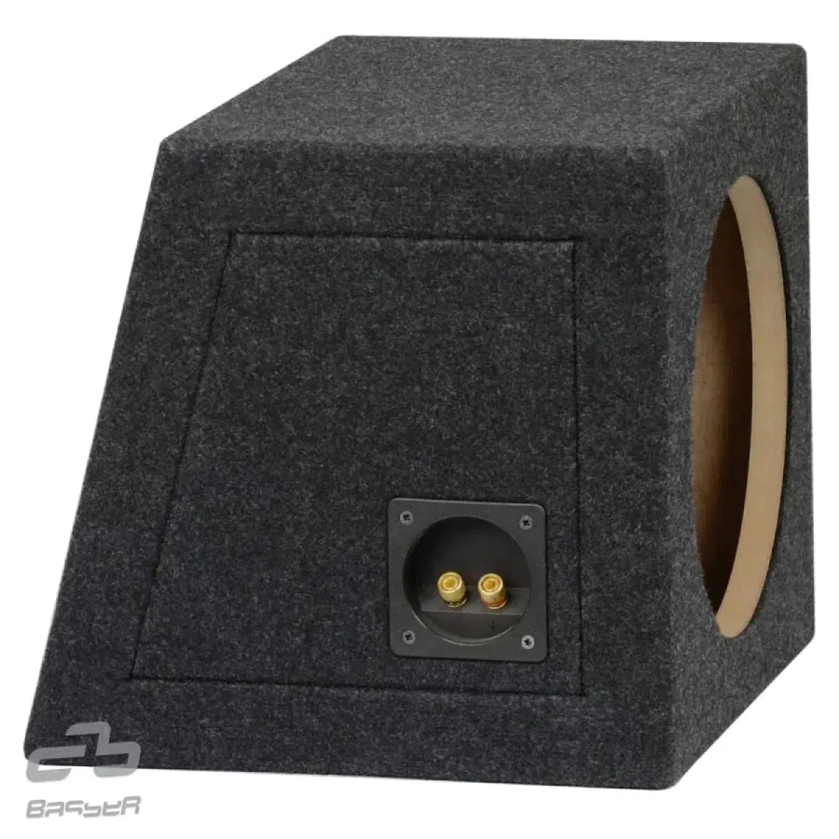 The Masori COM10 is a gray, carpeted, slanted 10 subwoofer enclosure with a circular cutout and two gold terminal posts on the back panel.