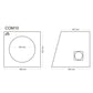 Technical drawing of the Masori COM10 subwoofer enclosure, showing front and side views with dimensions and cutout sizes in millimeters.