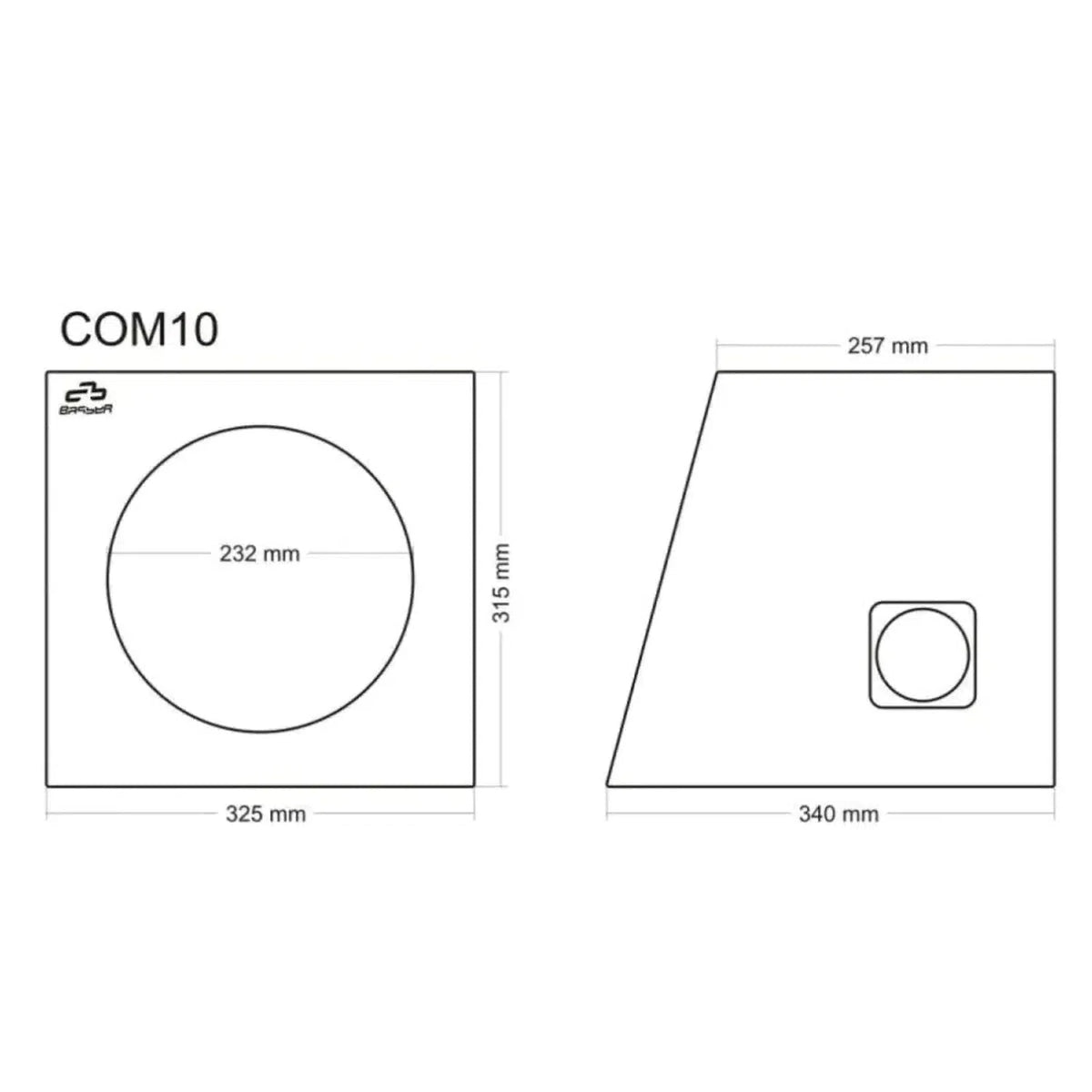 Technical drawing of the Masori COM10 subwoofer enclosure, showing front and side views with dimensions and cutout sizes in millimeters.