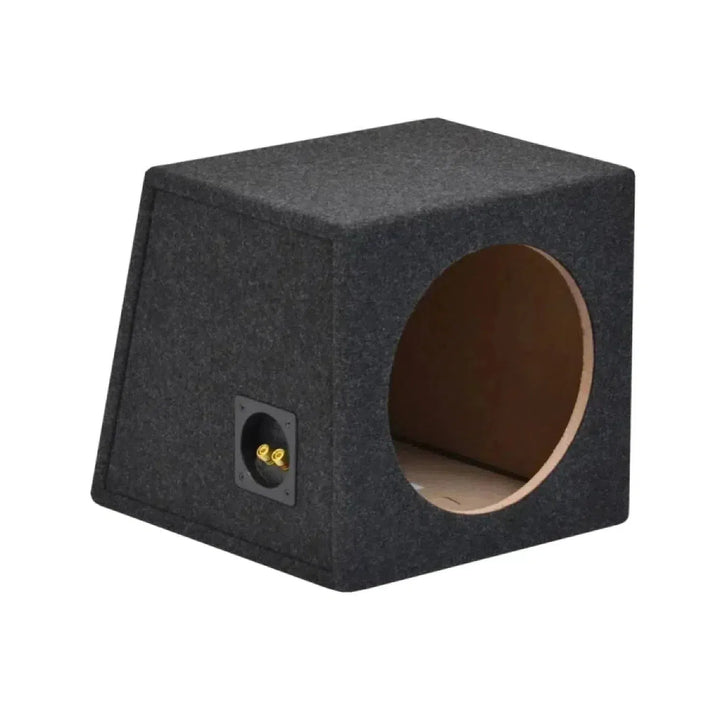 The Masori COM10 is a black, wedge-shaped MDF subwoofer enclosure with a circular cutout and speaker wire terminals.