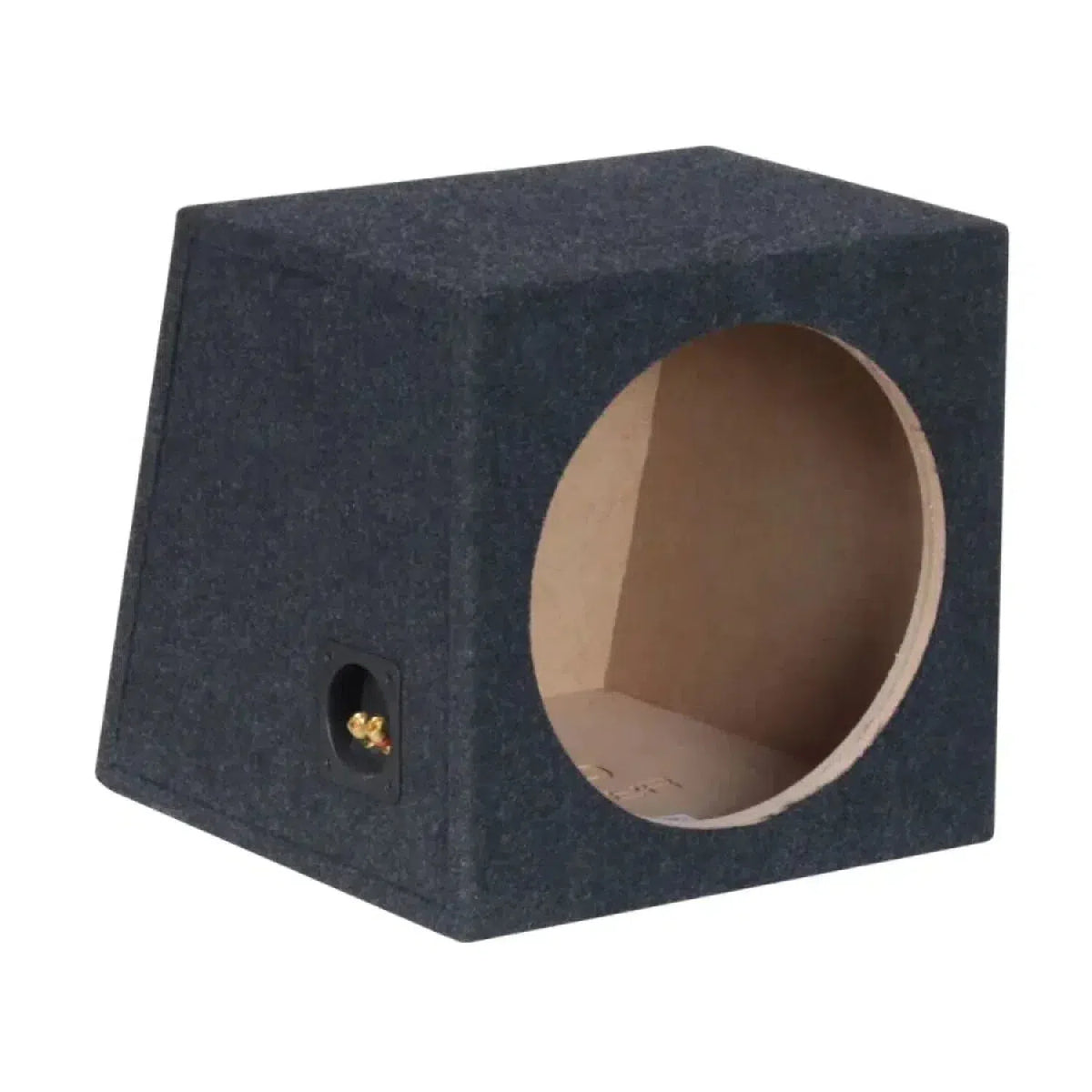 Il Masori COM12 è un box per subwoofer in MDF nero, rivestito di moquette, con un ritaglio circolare da 12 e una coppa laterale per i terminali.