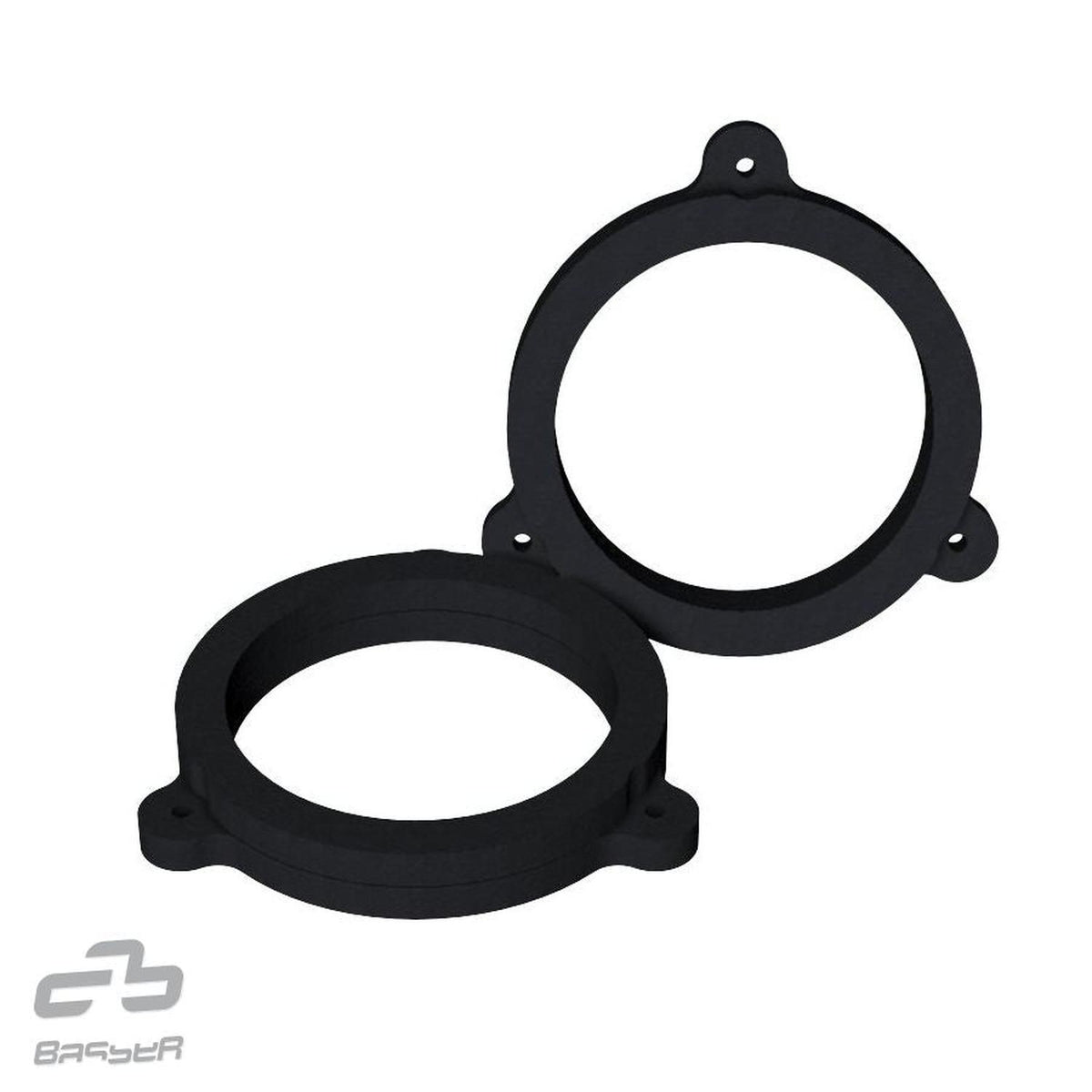 Due anelli in MDF DMrena04 nero di Masori, ciascuno con tre fori di montaggio, per Renault. Su sfondo bianco, con logo BASSER grigio nellangolo in basso a sinistra.