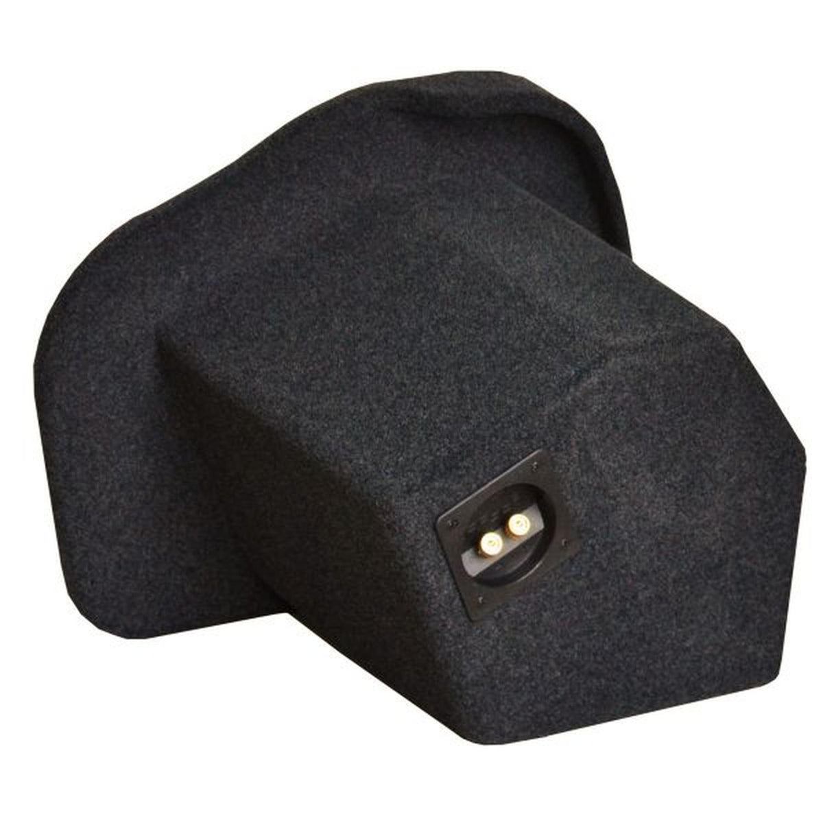 Il Masori G10-15 Audi A4 B9 Limousine è un subwoofer personalizzato da 10, nero e rivestito di moquette, con un design angolato e doppi terminali su un lato.