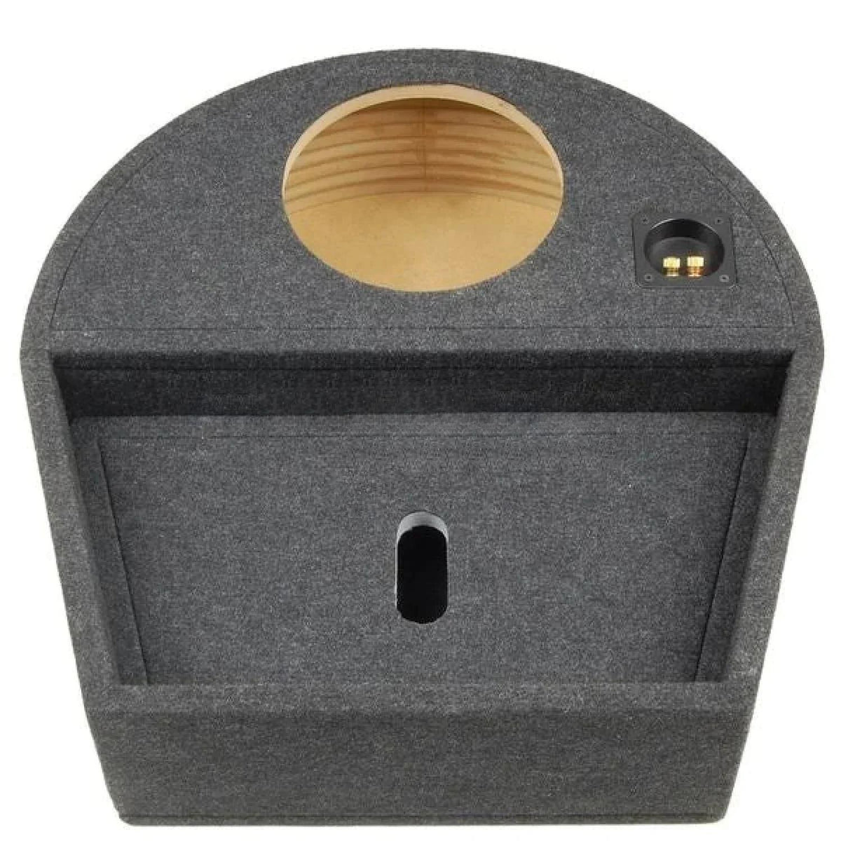De Masori G10-20RRM is een grijze, met stof beklede 20L subwooferkast met een ronde uitsparing bovenaan, een klein aansluitpaneel en een rechthoekige poort vooraan.