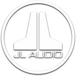 De Masori JL Audio Sticker - rund is een witte ronde sticker met geometrische JL vormen en vetgedrukte JL AUDIO tekst op ORACAL 751 High Performance Folie.