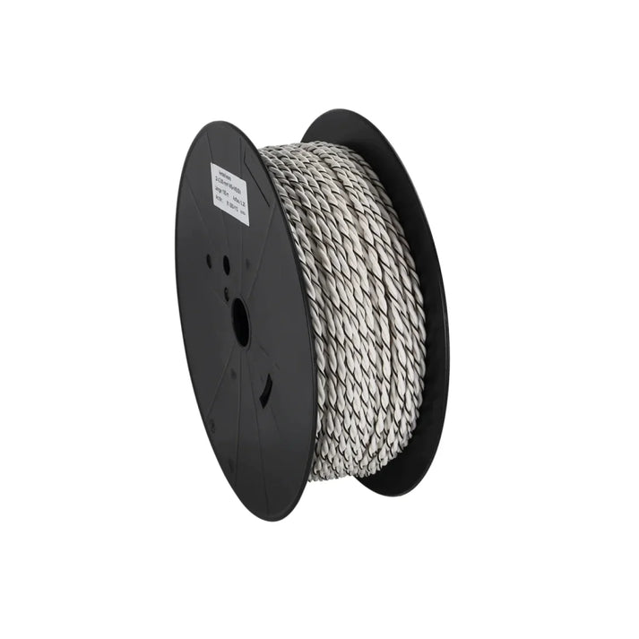 Bobina de cable trenzado Masori LSK2x2,5mm² OFC verdrillt plateado y blanco con extremos negros, sobre fondo blanco liso.