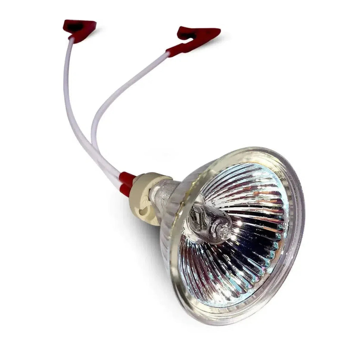 The Masori LW-50W-3.9A halogen reflector bulb 50W features two white wires with red connectors, displayed on a white background.