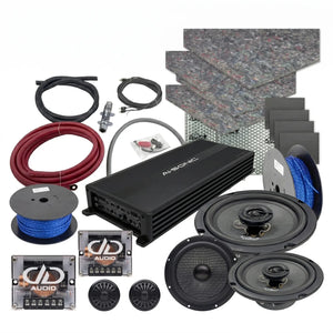 Masori Perfect Match C-C6.5C-XO: Kit audio per auto con amplificatore, altoparlanti, tweeter, cavi, tappetini e crossover disposti ordinatamente su uno sfondo bianco.