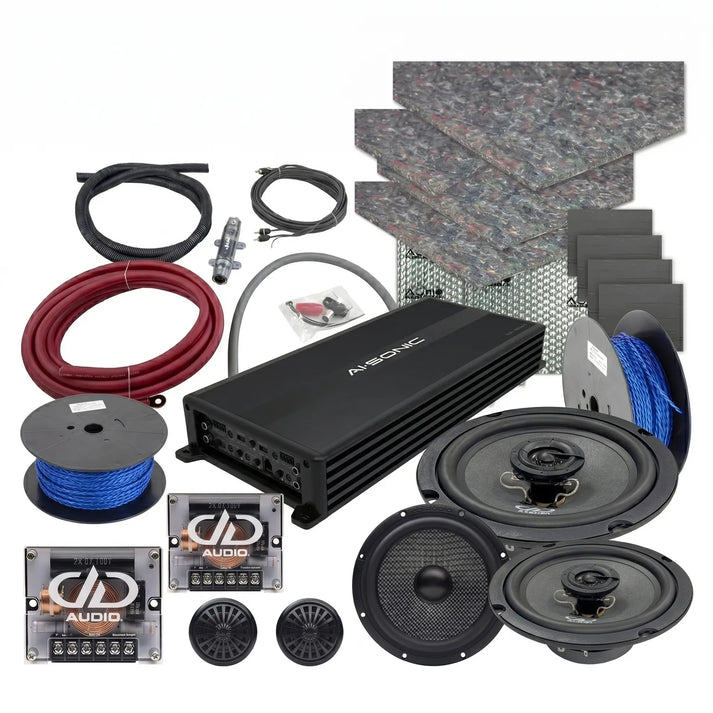Masori Perfect Match C-C6.5C-XO: Car audio kit with amplifier, speakers, tweeters, wires, mats  crossovers arranged neatly on a white background.