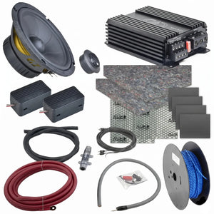 Il kit Perfect Match GZIC 165.2 di Masori comprende un set di diffusori, un amplificatore DD Audio, cablaggi, connettori, avvolgicavi e materiale di smorzamento del suono su sfondo bianco.