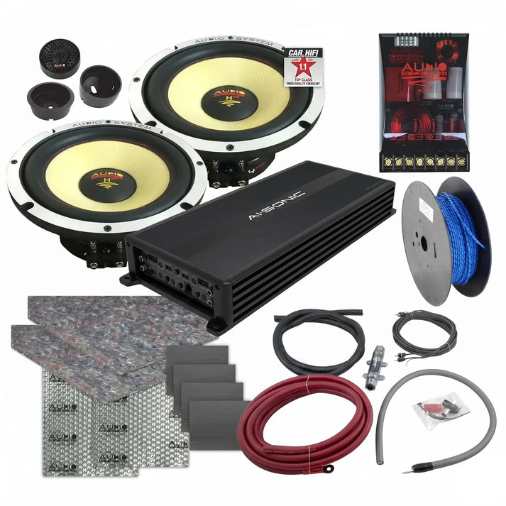 Masori Perfect Match Helon H 165 EVO 2 kit met versterker, bedrading, Kevlarmembran luidsprekers en accessoires op een witte achtergrond.