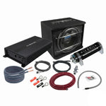 Kit audio pour voiture comprenant le Masori Perfect Match Titan TS-300R, le condensateur Hifonics, lamplificateur, les câbles, les connecteurs et les accessoires présentés sur un fond blanc.