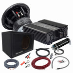 Kit Masori Perfect Match Vmaxx 12 con subwoofer, amplificatore, condensatore, cavi, fili, connettori e custodia su sfondo bianco.